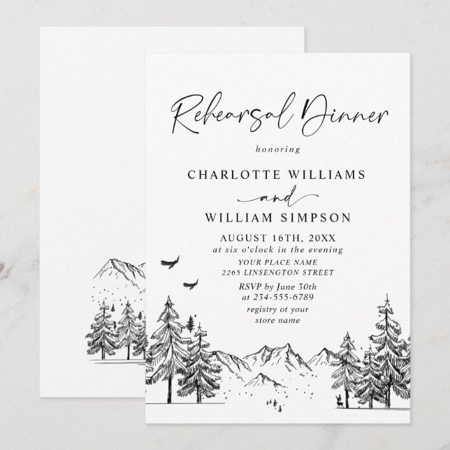 Hand Drawn Mountains Forest Rehearsal Dinner Invitation (Front/Back)