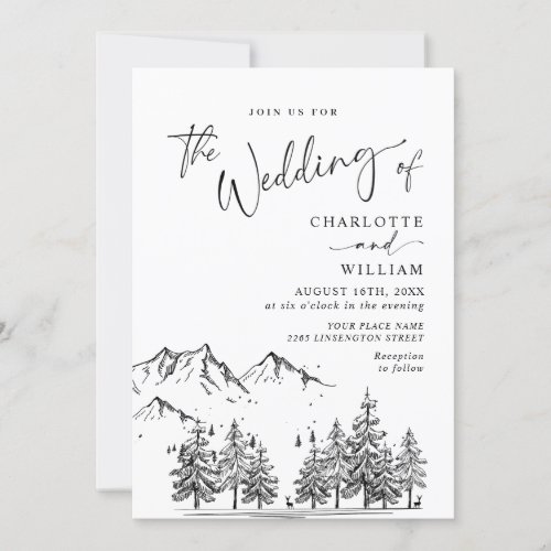 Hand Drawn Mountains Forest Wedding Invitation