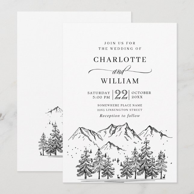 Hand Drawn Mountains Forest Wedding Invitation (Front/Back)