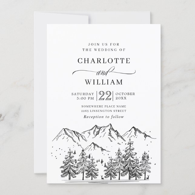 Hand Drawn Mountains Forest Wedding Invitation (Front)