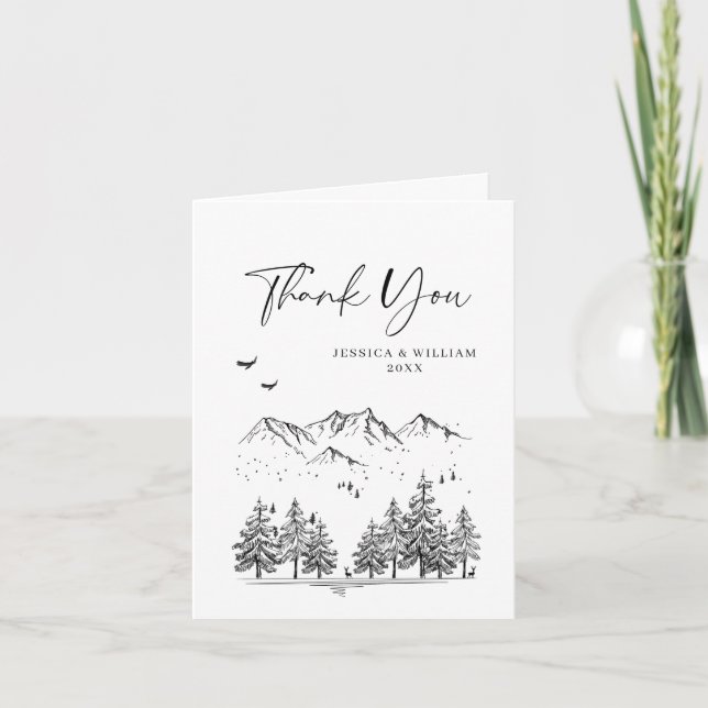 Hand Drawn Mountains Forest Wedding Letterpress Thank You Card (Front)
