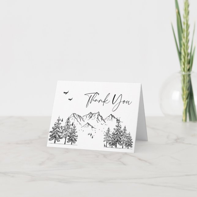 Hand Drawn Mountains Forest Wedding Letterpress Thank You Card (Front)