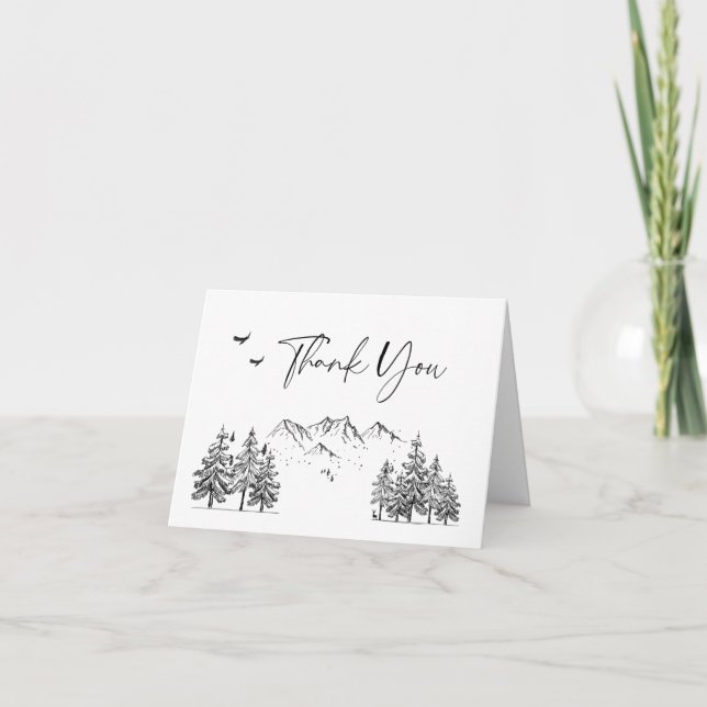 Hand Drawn Mountains Forest Wedding Letterpress Thank You Card (Front)