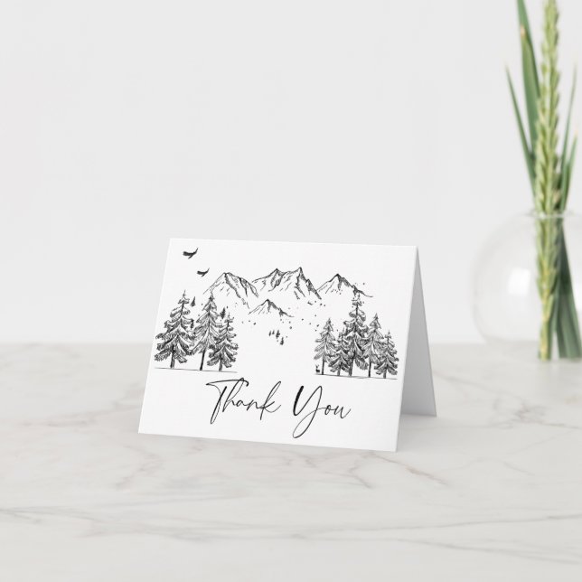 Hand Drawn Mountains Forest Wedding Letterpress Thank You Card (Front)