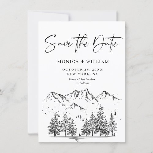 Hand Drawn Mountains Forest Wedding  Save The Date
