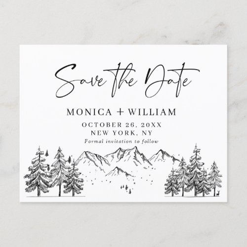 Hand Drawn Mountains Forest Wedding Save the Date Announcement Postcard