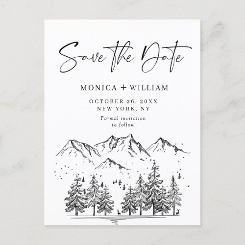 Hand Drawn Mountains Forest Wedding Save the Date Announcement Postcard