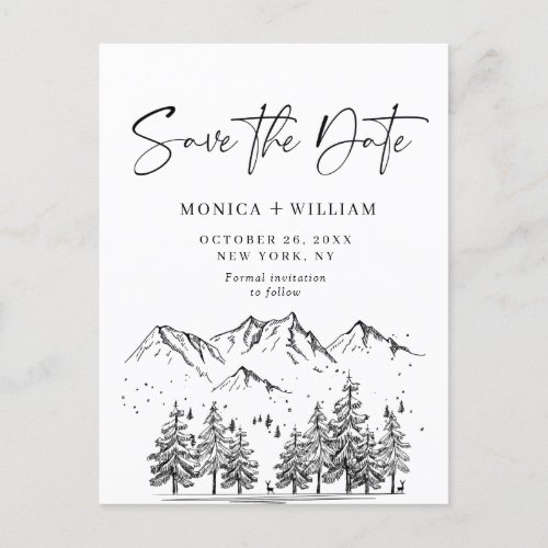 Hand Drawn Mountains Forest Wedding Save the Date  Postcard