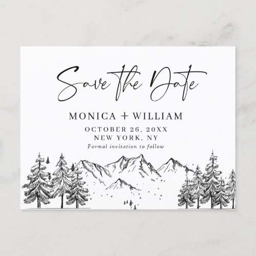 Hand Drawn Mountains Forest Wedding Save the Date  Postcard