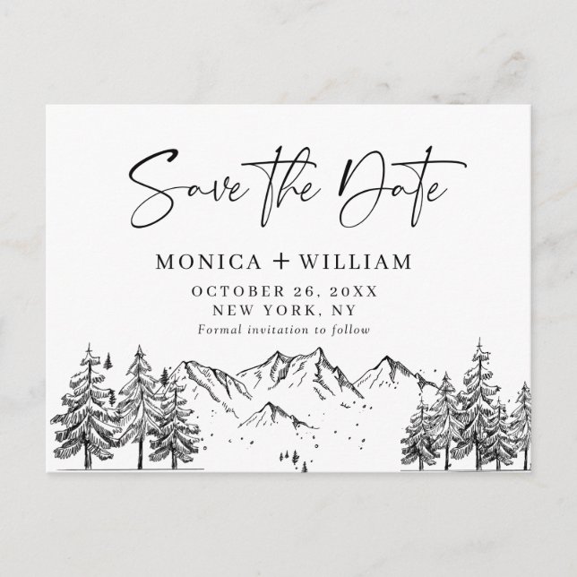 Hand Drawn Mountains Forest Wedding Save the Date  Postcard (Front)