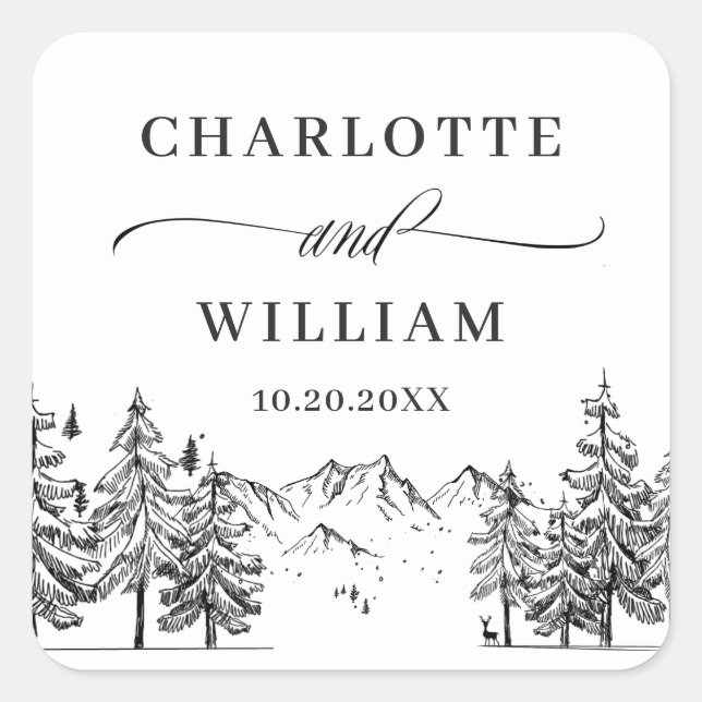 Hand Drawn Mountains Forest Wedding Square Sticker (Front)