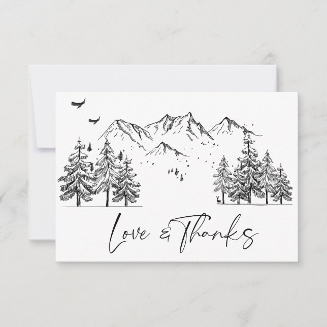 Hand Drawn Mountains Forest Wedding Thank You Card (Front)