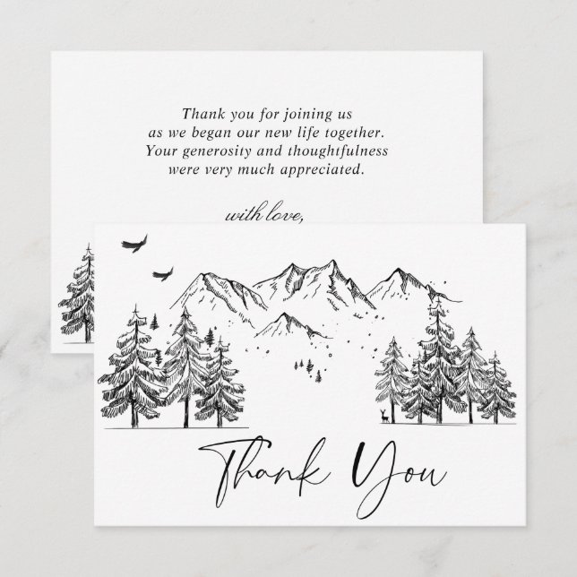 Hand Drawn Mountains Forest Wedding Thank You Card (Front/Back)