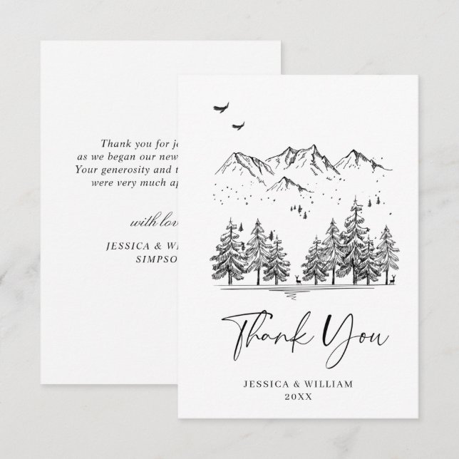 Hand Drawn Mountains Forest Wedding Thank You Card (Front/Back)