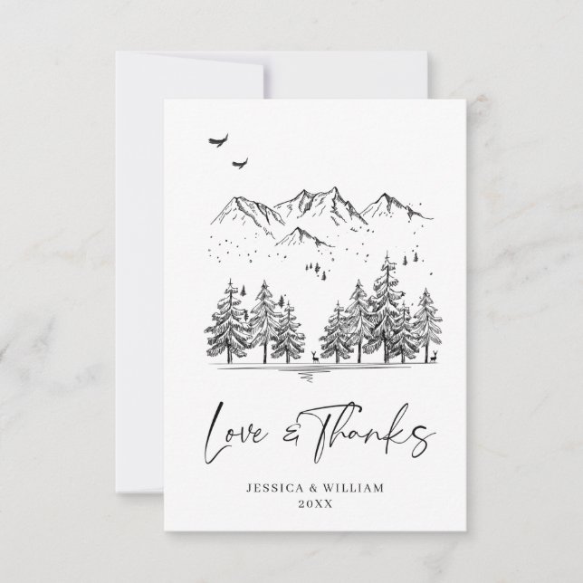 Hand Drawn Mountains Forest Wedding Thank You Card (Front)