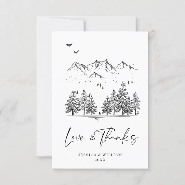 Hand Drawn Mountains Forest Wedding Thank You Card | Zazzle