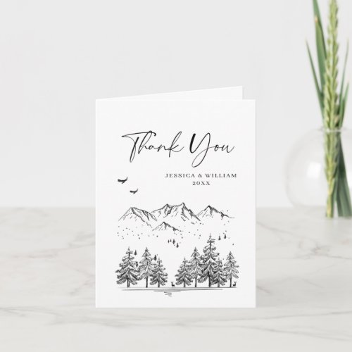 Hand Drawn Mountains Forest Wedding Thank You Card