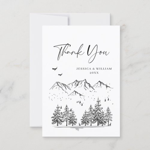 Hand Drawn Mountains Forest Wedding Thank You Card