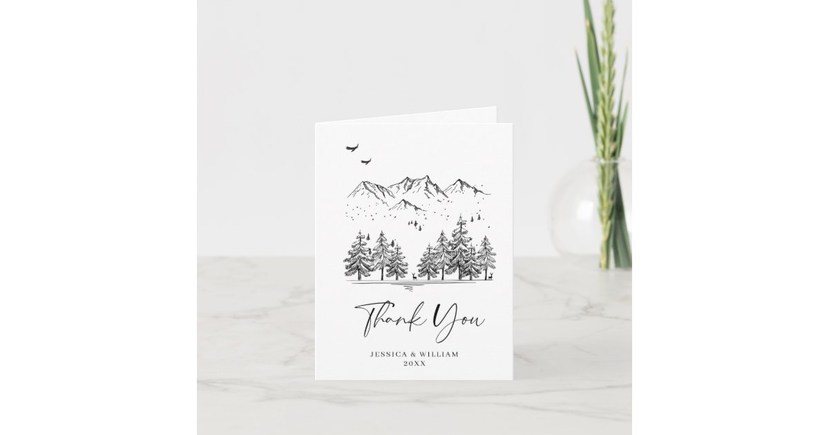 Hand Drawn Mountains Forest Wedding Thank You Card | Zazzle