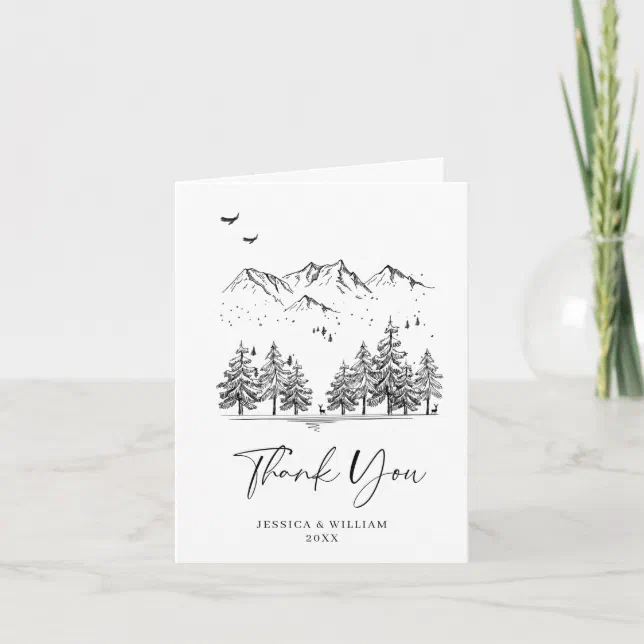 Hand Drawn Mountains Forest Wedding Thank You Card | Zazzle