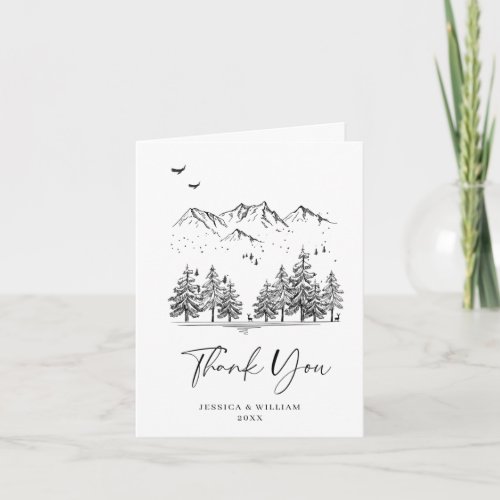 Hand Drawn Mountains Forest Wedding Thank You Card