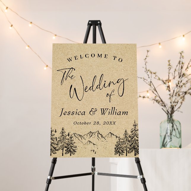 Hand Drawn Mountains Forest Wedding Welcome Foam Board (In Situ (Stand))