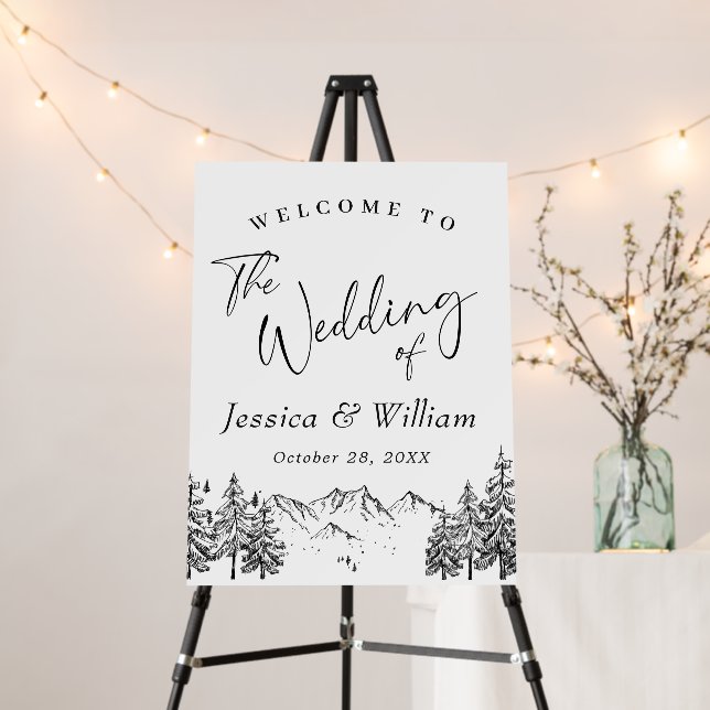 Hand Drawn Mountains Forest Wedding Welcome Foam Board (In Situ (Stand))