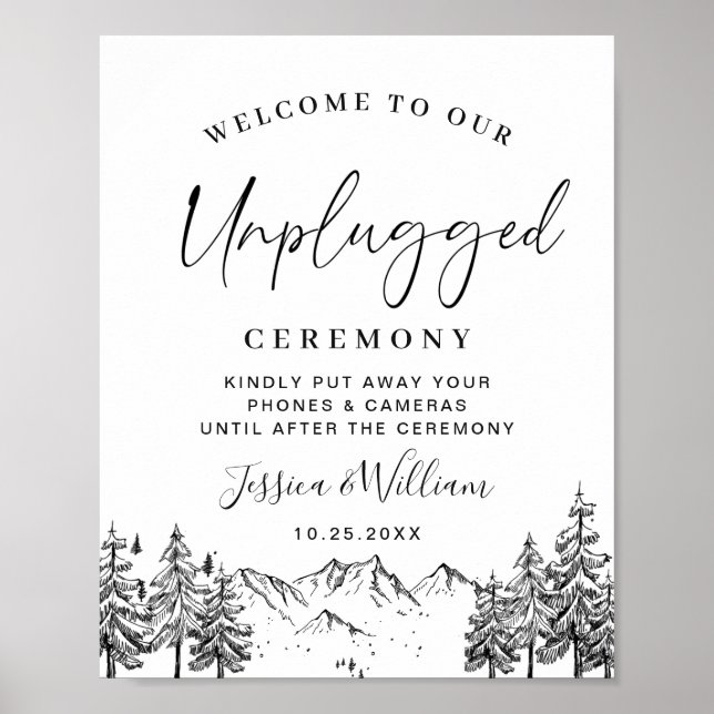 Hand Drawn Mountains Unplugged Wedding Ceremony Poster (Front)