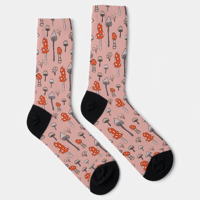 Hand-drawn Mushrooms on Pink  Socks (Right)