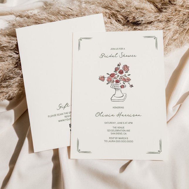 Hand Drawn Muted Red Sage Floral Urn Bridal Shower Invitation (Creator Uploaded)