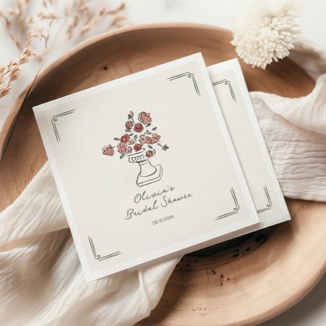 Hand Drawn Muted Red Sage Floral Urn Bridal Shower Napkins (Creator Uploaded)