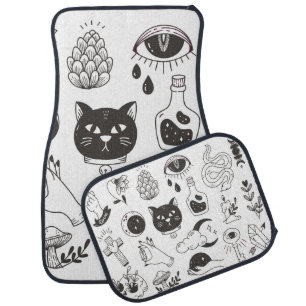 hand drawn mystical tattoo doodle, vintage badge d car floor mat