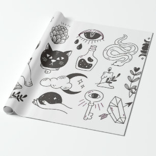 hand drawn mystical tattoo doodle, vintage badge d wrapping paper