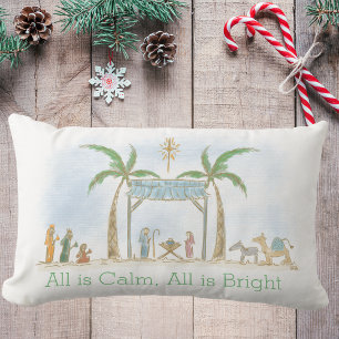 Hand Drawn Nativity Scene All is Calm Saying Lumbar Pillow