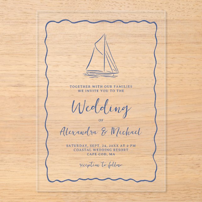 Hand Drawn Nautical Sailboat Navy Blue Wedding Acrylic Invitations (Front)