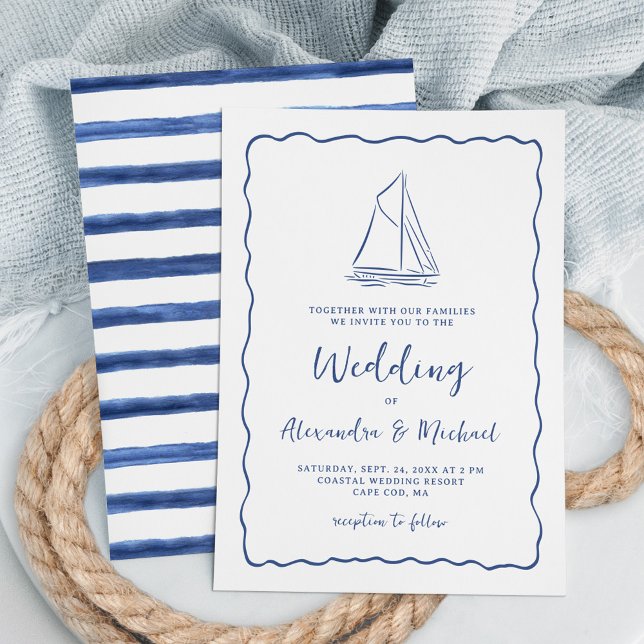 Hand Drawn Nautical Sailboat Navy Blue Wedding Invitation (Creator Uploaded)