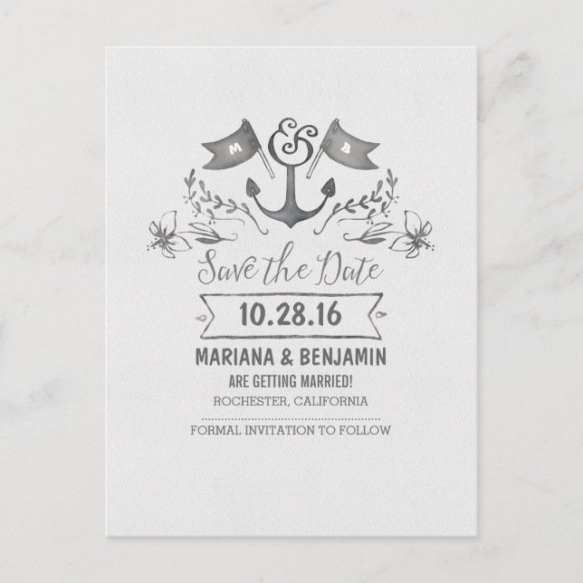 Hand drawn nautical save the date anchor postcards (Front)