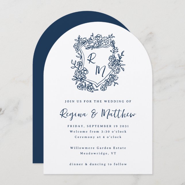 Hand Drawn Navy Blue Floral Crest Monogram Wedding Invitation (Front/Back)