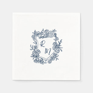 Hand Drawn Navy Blue Floral Crest Monogram Wedding Napkins