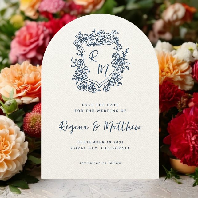Hand Drawn Navy Blue Floral Crest Monogram Wedding Save The Date (Creator Uploaded)