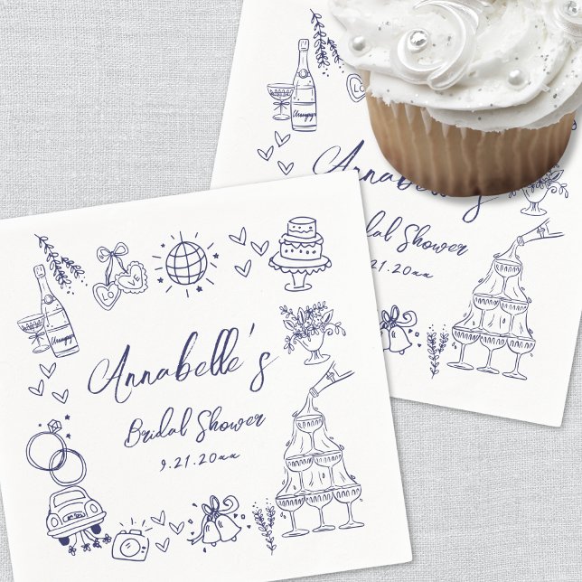 Hand Drawn Navy Blue Whimsical Bridal Shower Napkins (Hand Drawn Navy Blue Whimsical Bridal Shower Napkins)