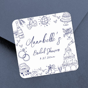 Hand Drawn Navy Blue Whimsical Bridal Shower Square Sticker