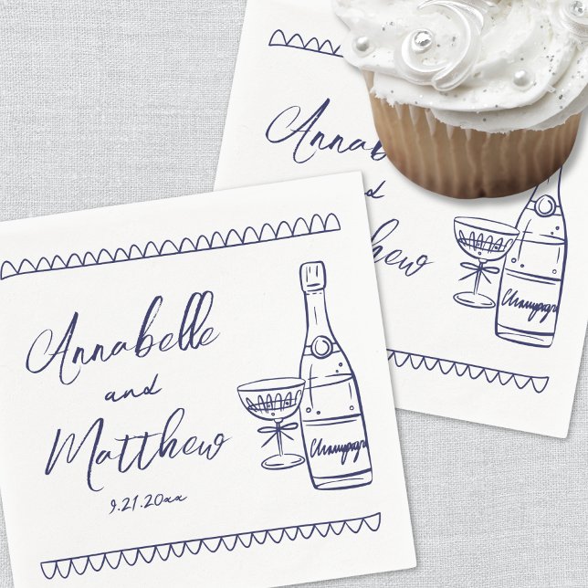 Hand Drawn Navy Blue Whimsical Wedding Napkins (Hand Drawn Navy Blue Whimsical Wedding Napkins)
