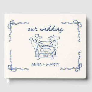 Hand-drawn Navy Retro Bows Wedding Car Unique Guest Book