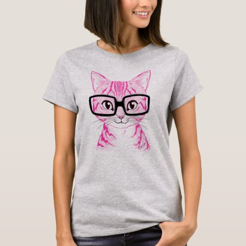 Hand Drawn Nerdy Cat Art Womens Grey Shirt for Her