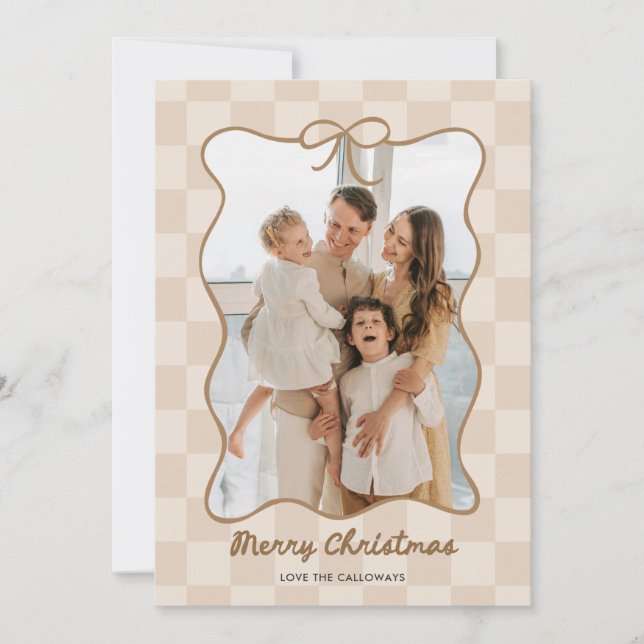 Hand Drawn Neutral Bow Frame Checkered Photo Holiday Card (Front)