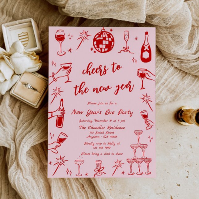 Hand Drawn New Years Eve Party Invitation Pink Red (Creator Uploaded)