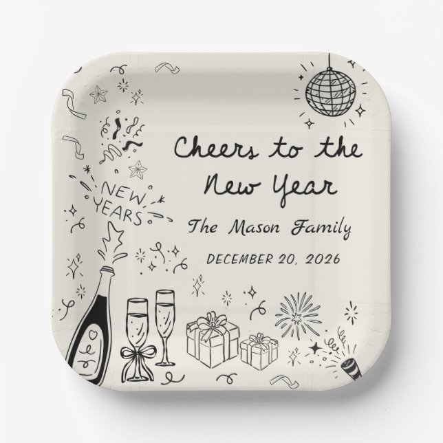 Hand Drawn New Year's Eve Party Paper Plates  (Front)