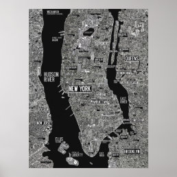 Hand drawn New York City map black white Poster
