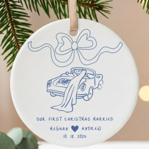 Hand Drawn Newlywed Christmas Ceramic Ornament